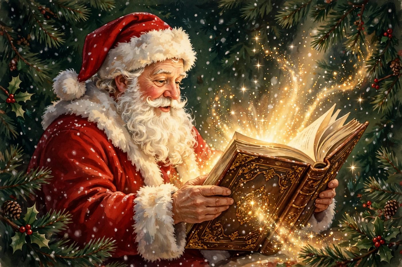 Santa Claus opening a big Christmas storybook